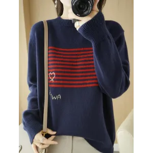 Casual Loose Long Sleeves Striped Round-Neck Sweater Tops