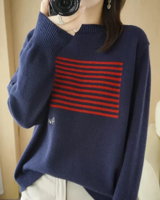 Casual Loose Long Sleeves Striped Round-Neck Sweater Tops