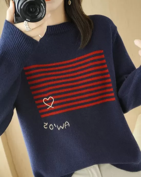 Casual Loose Long Sleeves Striped Round-Neck Sweater Tops