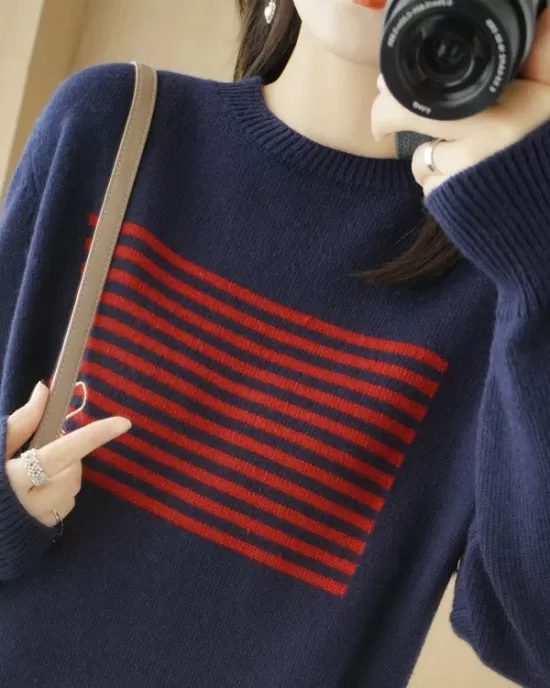 Casual Loose Long Sleeves Striped Round-Neck Sweater Tops