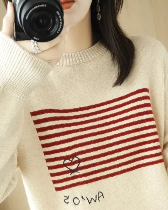 Casual Loose Long Sleeves Striped Round-Neck Sweater Tops