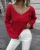 Casual Long Sleeves Loose Solid Color V-Neck Sweater Tops