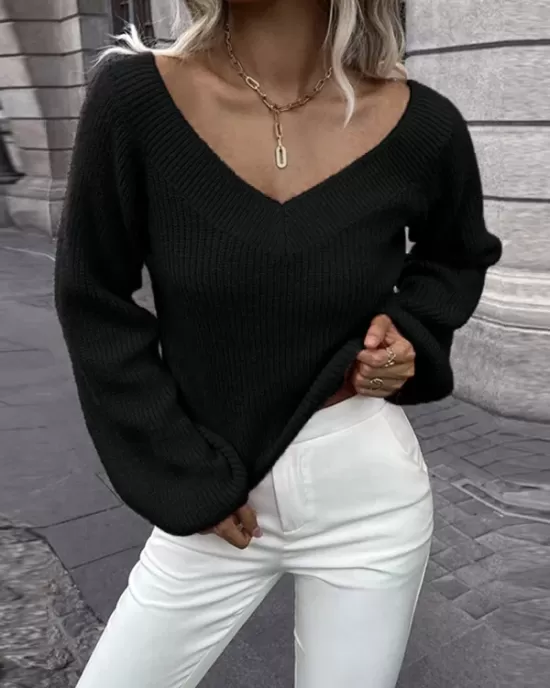 Casual Long Sleeves Loose Solid Color V-Neck Sweater Tops