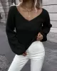 Casual Long Sleeves Loose Solid Color V-Neck Sweater Tops