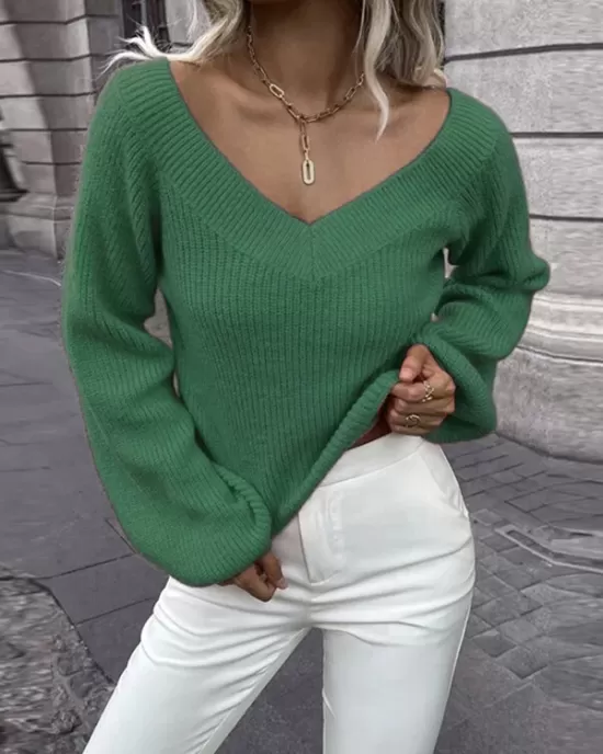 Casual Long Sleeves Loose Solid Color V-Neck Sweater Tops