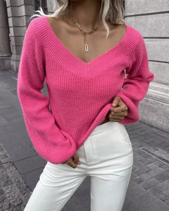 Casual Long Sleeves Loose Solid Color V-Neck Sweater Tops