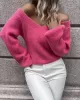 Casual Long Sleeves Loose Solid Color V-Neck Sweater Tops