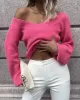 Casual Long Sleeves Loose Solid Color V-Neck Sweater Tops