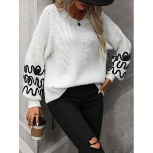 Hollow Long Sleeves Loose Round-Neck Sweater Tops Pullovers Knitwear