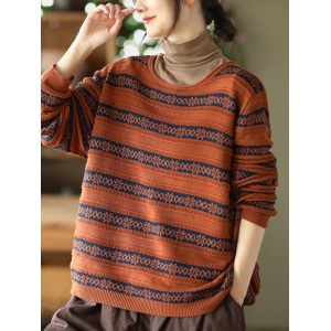 Artistic Retro Loose Long Sleeves Jacquard Round-Neck Sweater Tops