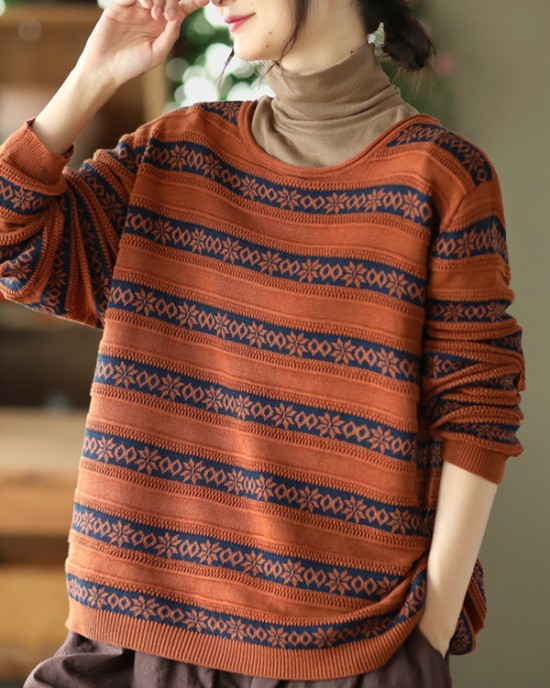 Artistic Retro Loose Long Sleeves Jacquard Round-Neck Sweater Tops