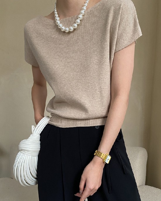 Stylish Loose Solid Color Boat Neck Knitwear Pullovers Tops