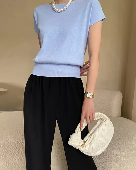 Stylish Loose Solid Color Boat Neck Knitwear Pullovers Tops