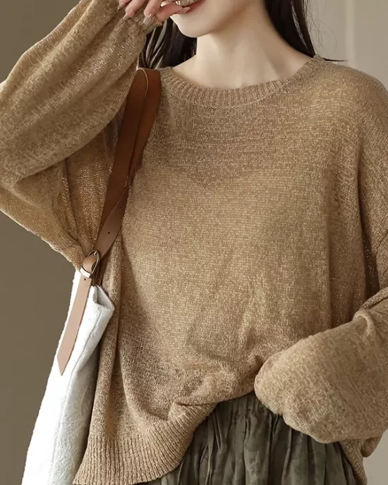 See-Through Solid Color Long Sleeves Loose Round-Neck Sweater Tops