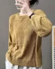 See-Through Solid Color Long Sleeves Loose Round-Neck Sweater Tops