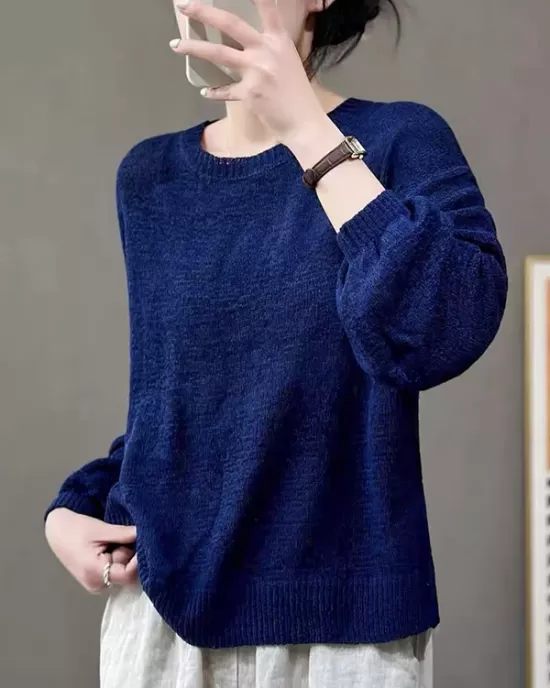 See-Through Solid Color Long Sleeves Loose Round-Neck Sweater Tops