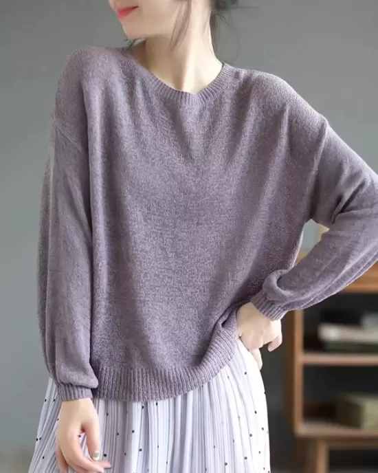 See-Through Solid Color Long Sleeves Loose Round-Neck Sweater Tops