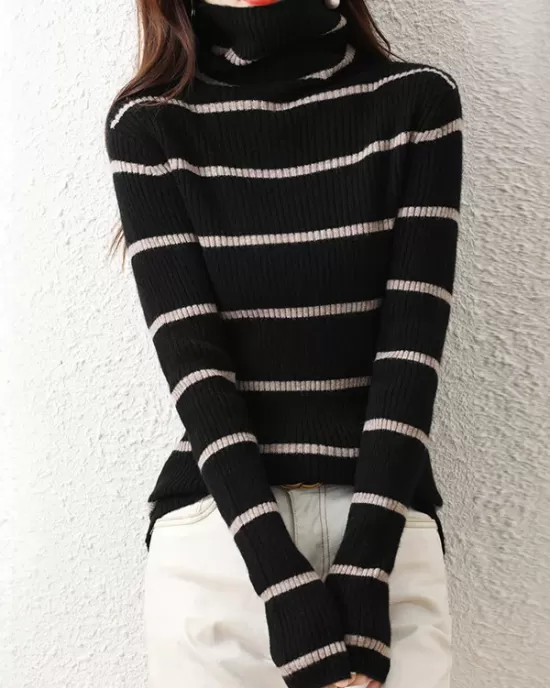 Urban Skinny Striped High-Neck Sweater Tops