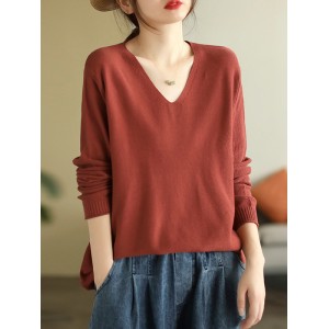 Solid Color Long Sleeves Loose V-Neck Sweater Tops