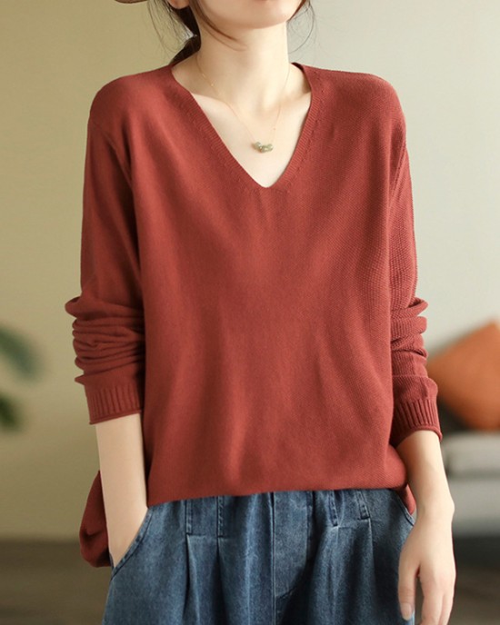 Solid Color Long Sleeves Loose V-Neck Sweater Tops