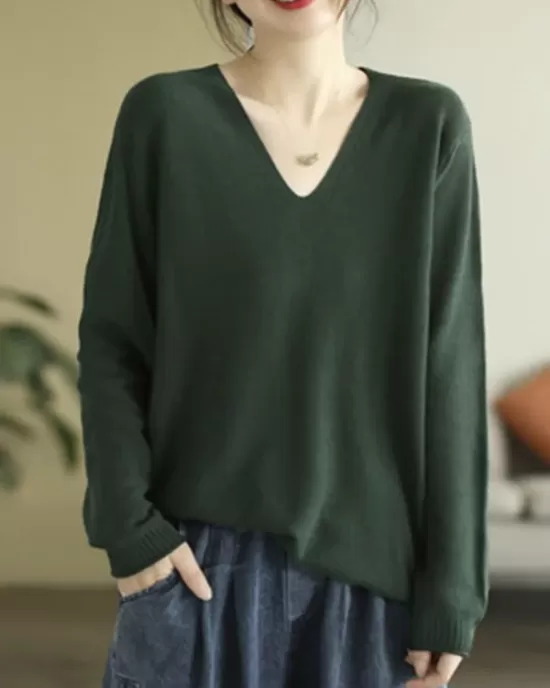 Solid Color Long Sleeves Loose V-Neck Sweater Tops