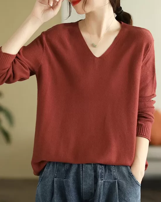 Solid Color Long Sleeves Loose V-Neck Sweater Tops