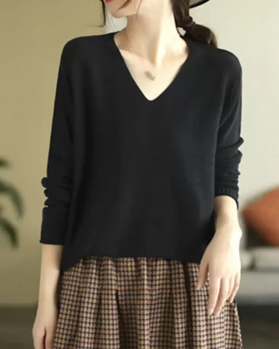 Solid Color Long Sleeves Loose V-Neck Sweater Tops