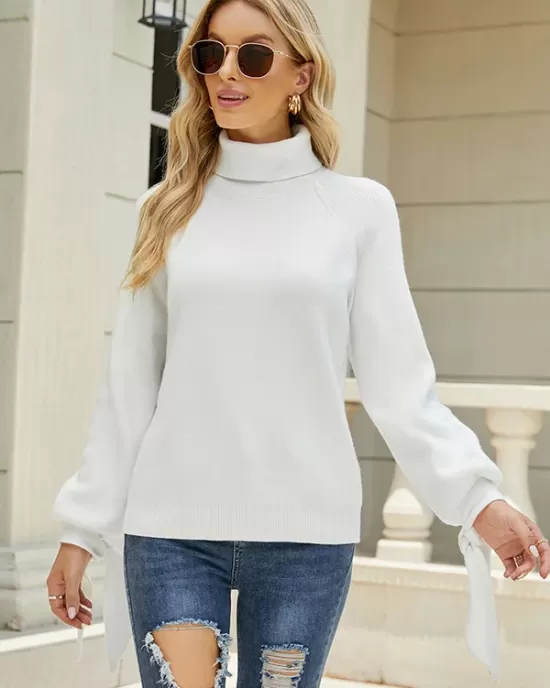 Loose Long Sleeves Solid Color High-Neck Sweater Tops