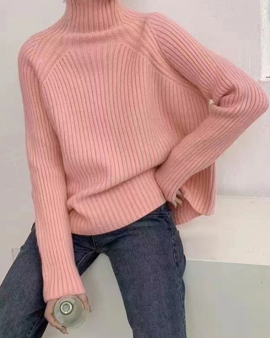 Casual Long Sleeves Loose Solid Color High-Neck Sweater Tops