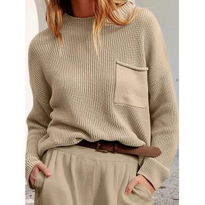 Pockets Solid Color Long Sleeves Loose Round-Neck Sweater Tops Pullovers Knitwear