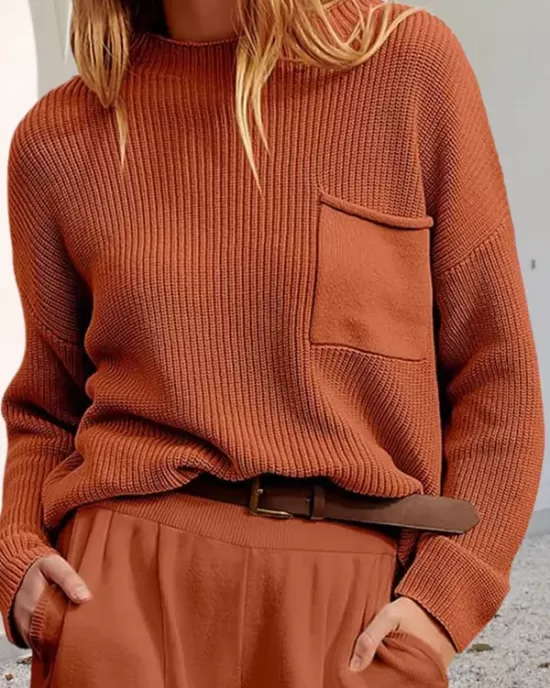 Pockets Solid Color Long Sleeves Loose Round-Neck Sweater Tops Pullovers Knitwear