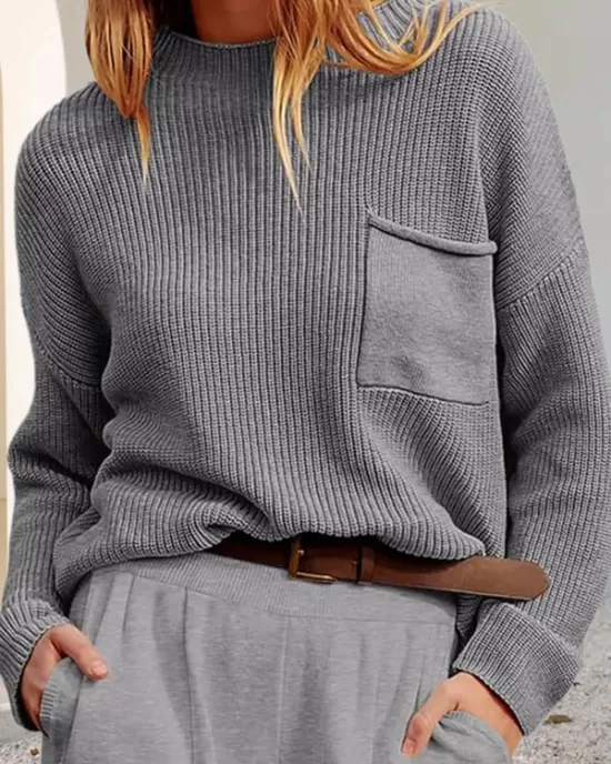 Pockets Solid Color Long Sleeves Loose Round-Neck Sweater Tops Pullovers Knitwear