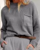 Pockets Solid Color Long Sleeves Loose Round-Neck Sweater Tops Pullovers Knitwear