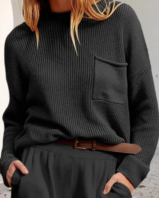 Pockets Solid Color Long Sleeves Loose Round-Neck Sweater Tops Pullovers Knitwear