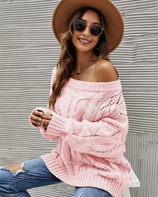 Vintage Long Sleeves Loose Solid Color Off-The-Shoulder Sweater Tops