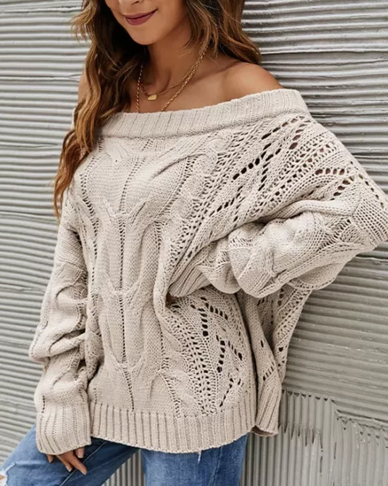 Vintage Long Sleeves Loose Solid Color Off-The-Shoulder Sweater Tops