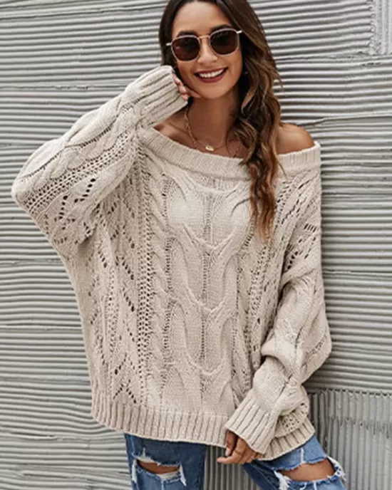 Vintage Long Sleeves Loose Solid Color Off-The-Shoulder Sweater Tops