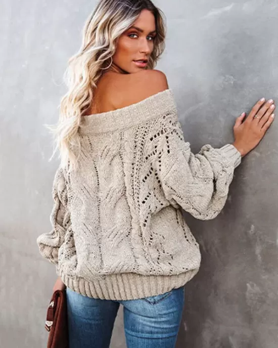 Vintage Long Sleeves Loose Solid Color Off-The-Shoulder Sweater Tops