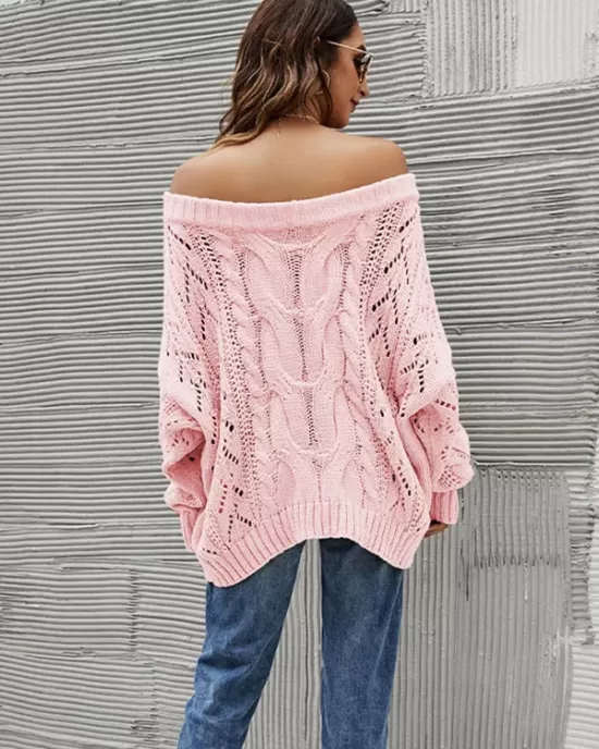 Vintage Long Sleeves Loose Solid Color Off-The-Shoulder Sweater Tops