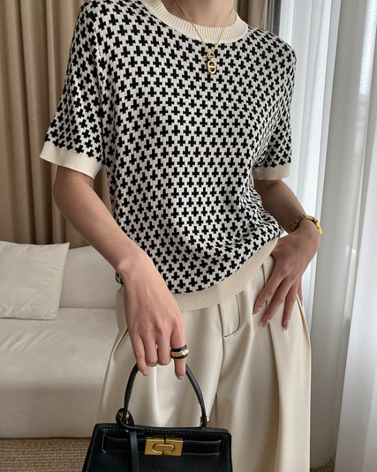 Houndstooth Half Sleeves Round-Neck Sweater Tops