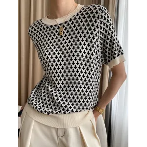 Houndstooth Half Sleeves Round-Neck Sweater Tops