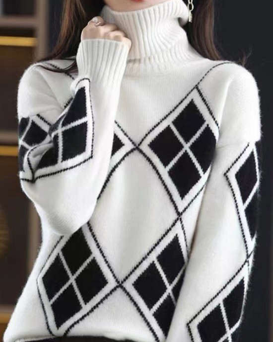 Casual Long Sleeves Loose Plaid High-Neck Sweater Tops