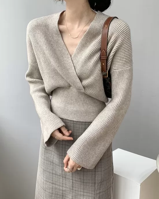 Asymmetric Solid Color Long Sleeves V-Neck Sweater Pullovers Knitwear