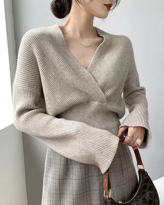 Asymmetric Solid Color Long Sleeves V-Neck Sweater Pullovers Knitwear