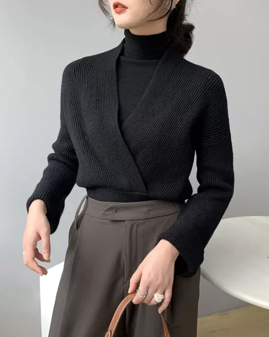 Asymmetric Solid Color Long Sleeves V-Neck Sweater Pullovers Knitwear