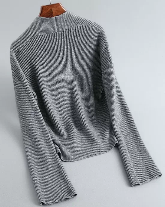 Asymmetric Solid Color Long Sleeves V-Neck Sweater Pullovers Knitwear