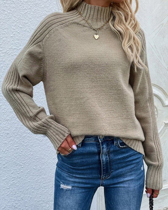 Stylish Long Sleeves Loose Solid Color High-Neck Sweater Tops