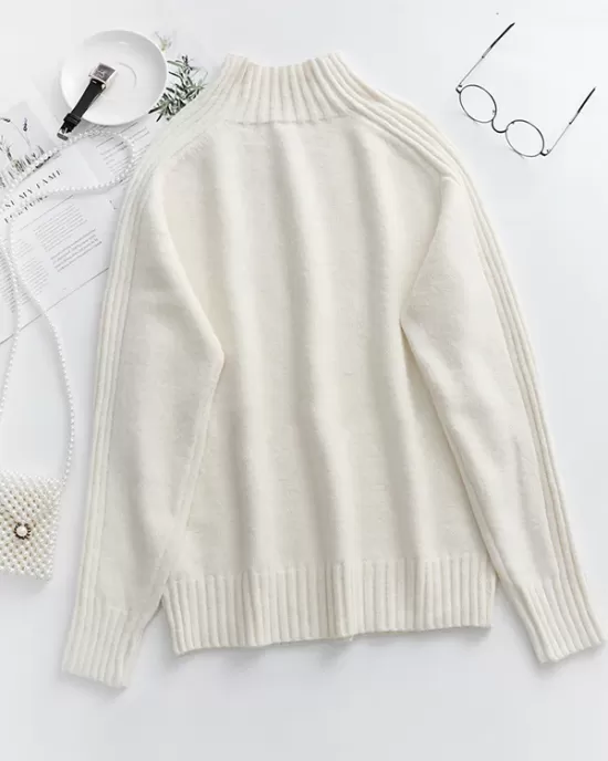 Stylish Long Sleeves Loose Solid Color High-Neck Sweater Tops