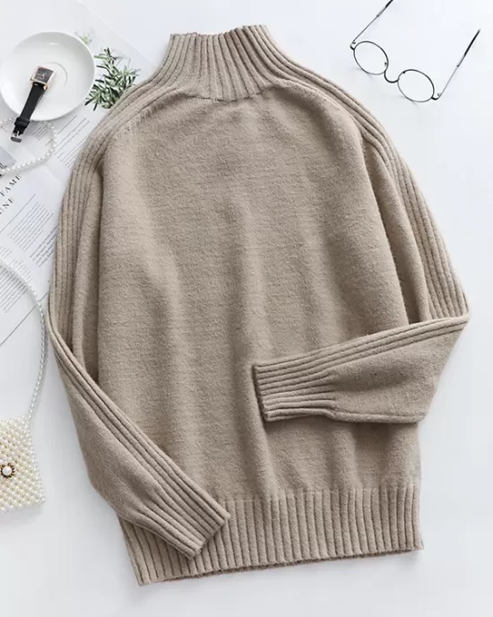 Stylish Long Sleeves Loose Solid Color High-Neck Sweater Tops