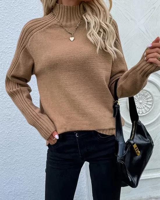 Stylish Long Sleeves Loose Solid Color High-Neck Sweater Tops